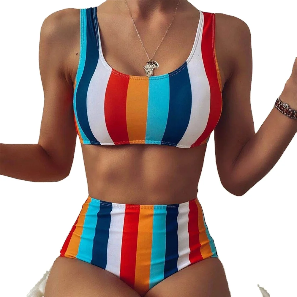 

Women's split high waist stripe printed bikini conservative swimsuit, Picture