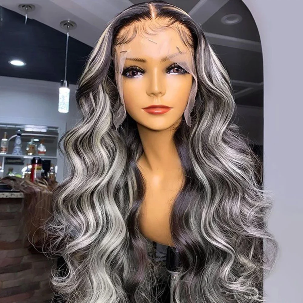 

Platinum Blonde Highlights 13x4 Ombre Color Lace Front Human Hair Wigs With Grey Highlight Wig Human Hair Straight 180% Density