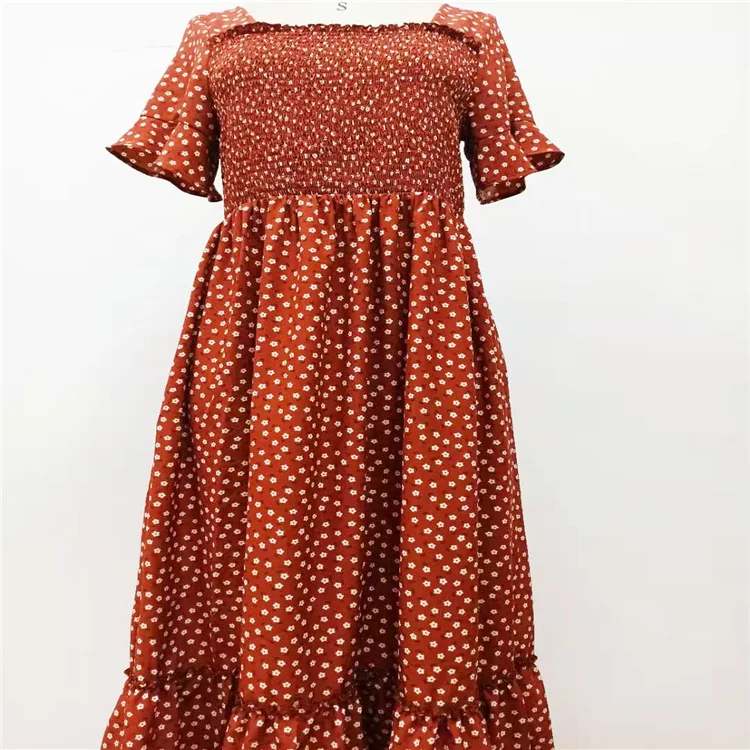 

Factory wholesale hot weather casual small florals printed sweet wear luxury square neck ruffled dresses women, Customized color