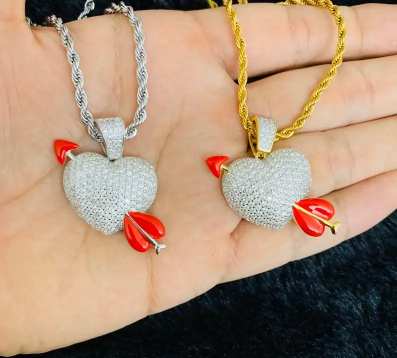 

18" rope chain hip hop bling women men jewelry micro pave 5A cz red enamel heart arrow pendant necklace, Silver