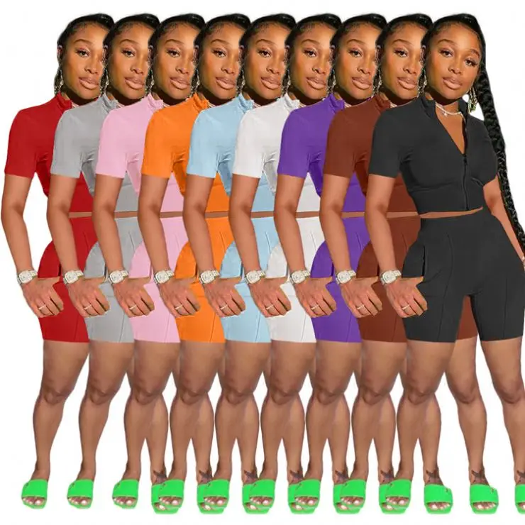 

2021 Summer 2 Piece Sets Hot Sale Pure Color Short Sleeve Zipper Sweatshirt Shorts Women Clothing Sportswear