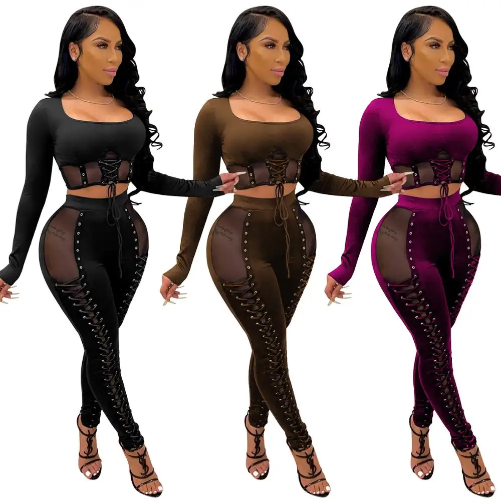 

Sexy See Through Women Clothing Long Sleeve Crop Top Bandage Two Piece Pants Set Women Outfits Club Dresses