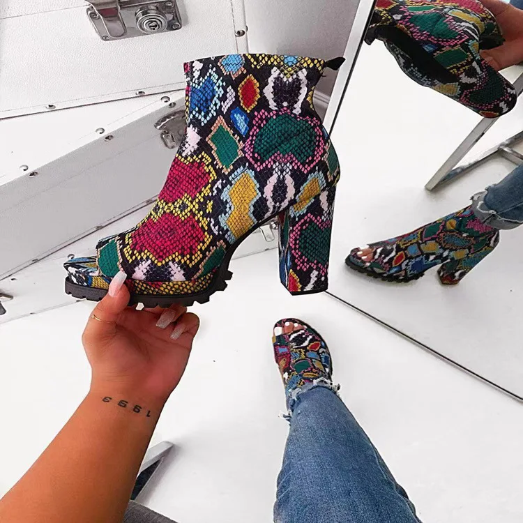 

LFZ-59 Lady Shoes 2020 High Heel Platform Boots Point Toe Snake Ankle Boots Women Shoes