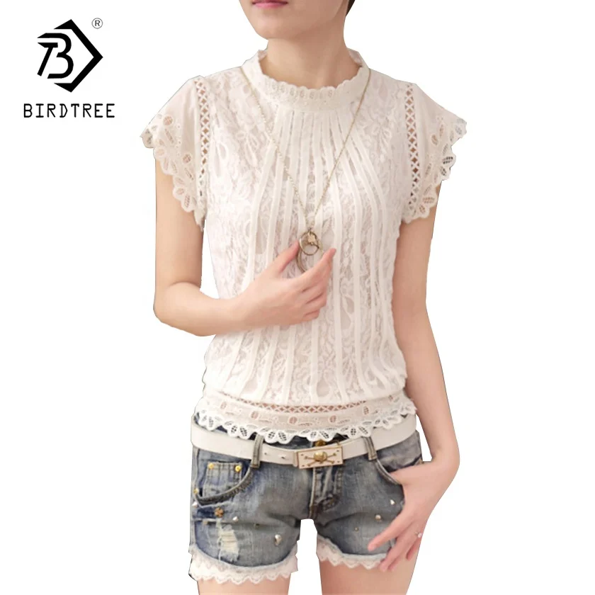 

Plus Size 3XL Spring Fashion Lace White Slim Blouses Elegance Woman Short Sleeve Lace Tops Femme Hots T9D621B