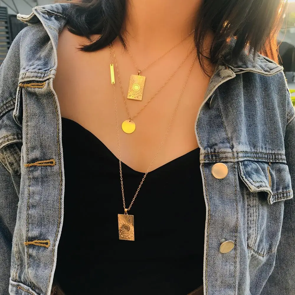 

Creative Retro Geometric Embossed Statement Long Sweater Necklace Multi-Layer