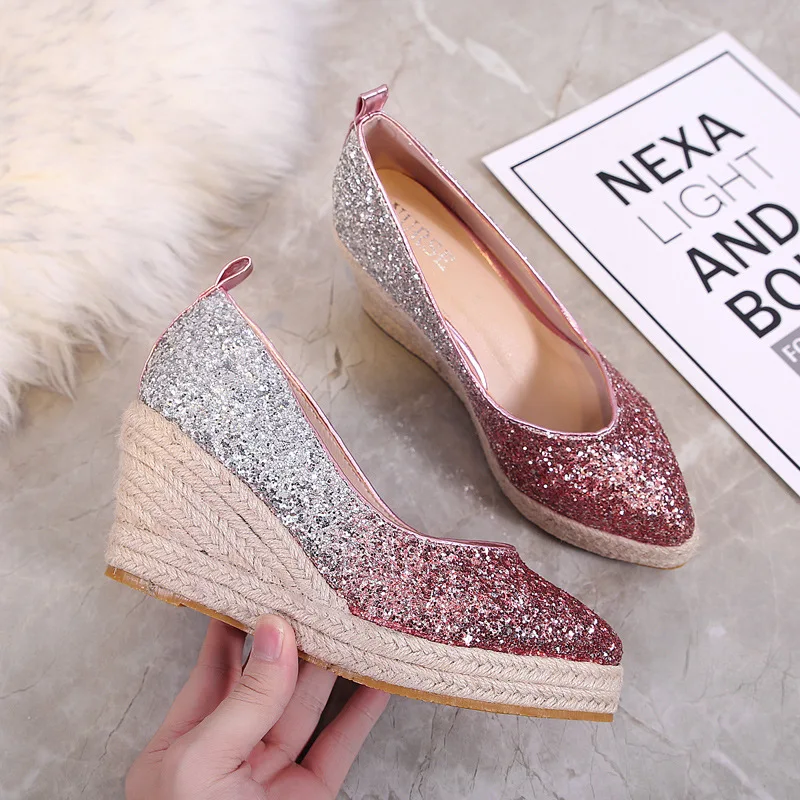 

Party collection wedge heels glitter gradient evening and bridal women shoes slip on pointed toe lady espadrille pumps