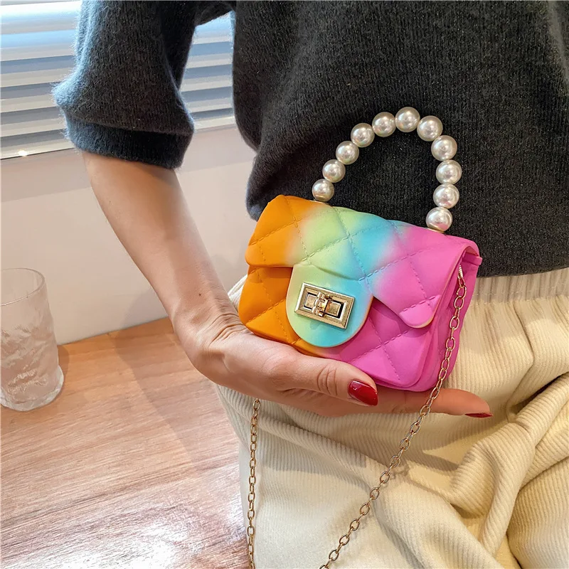 

Hot-selling lovely pearl lattice mini kids purses bag rainbow colorful girl designer bag small purse and handbag