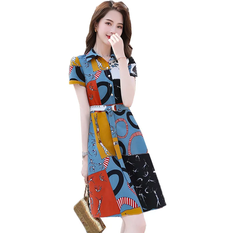 

Wholesaler Elegant Women Short Sleeve Breathable Dress Fashion Soft Ladies OL Casual Geometric patterns Clothes