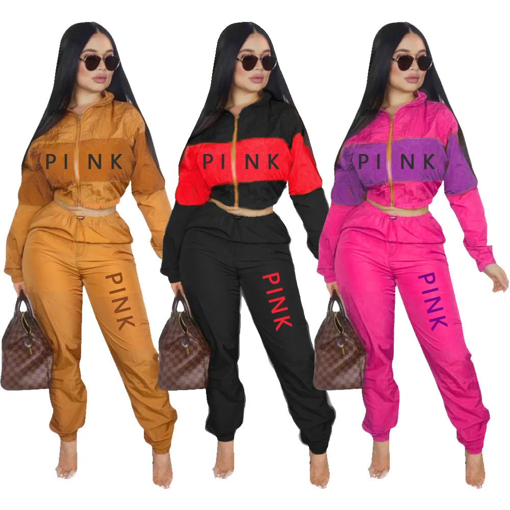 

Luxury High Collar Loose Track Suits Patchwork 2 Piece Sport Tracksuit Biker Casual Wear Letter Pink Printed 2 Piece Set, Picture