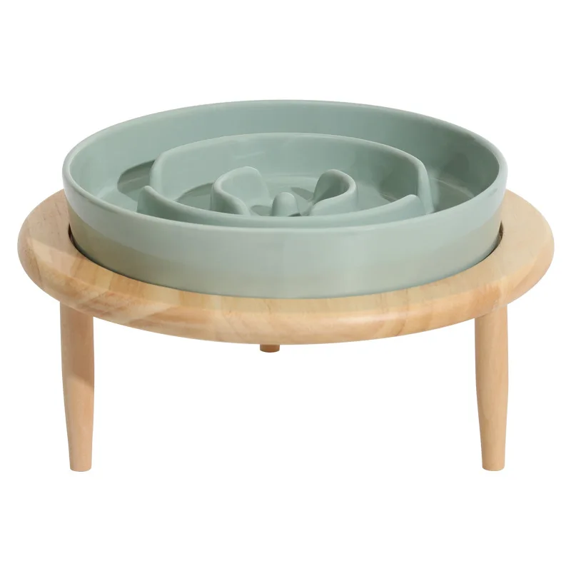 

Small Dog Slow Feed Bowl Elevated Cat Drinking Eating Ceramic Bowls with Wooden Stand Pet Anti-Gulping Feeding Food Water Plate