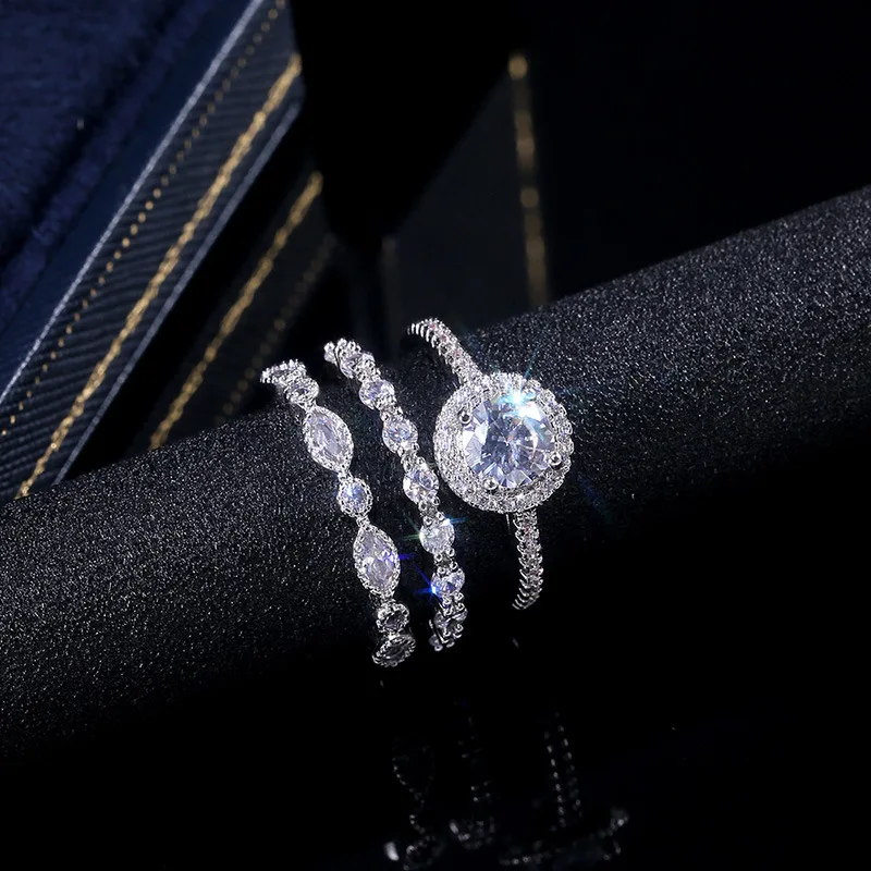 Hainon Three-piece set ring white shiny Zircon Charming women Wedding Ring