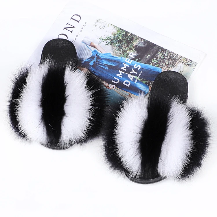 

Fashion Trend MOQ 0 Pair Custom Logo Faux Slides White And Black Furry Slide Luxury Fur Slippers, Custom color