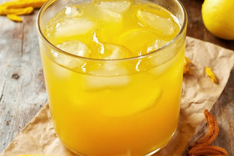 Turmeric and lemon water in a glass with fresh ingredients