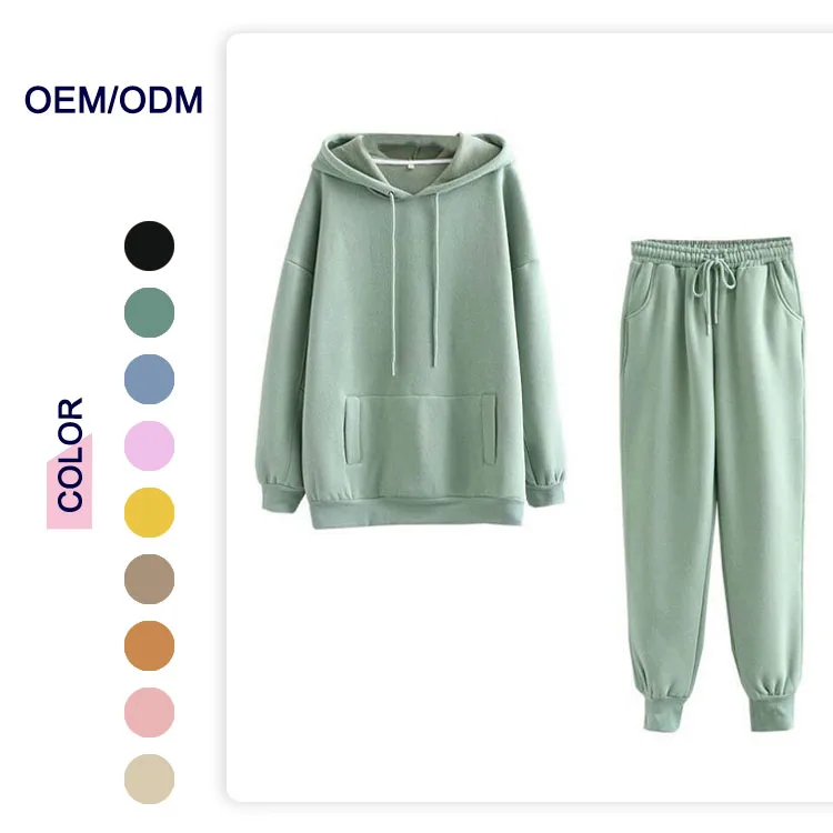 

Hot sale Women Plain Pullover Streetwear Organic Cotton Hooded Casual Sportswear Thickened with velvet hoodies pants set, Blue,rice white