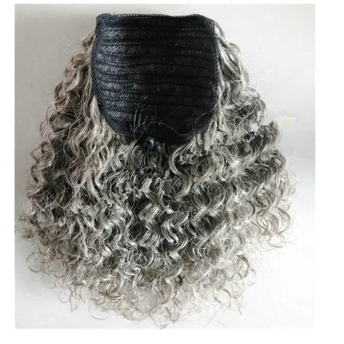 

14inch Deep curly Two tone blend black silver Grey human hair pony tail hairpiece 140g