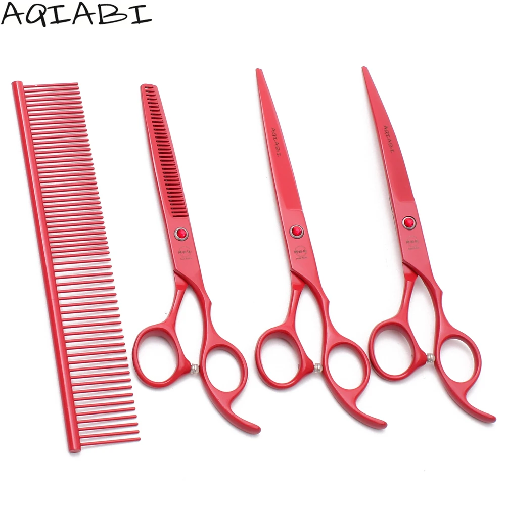 

Pet Grooming Scissors 7" AQIABI JP Stainless Dog Straight Shears Thinning Shears Pet Scissors Red A3103, Red color