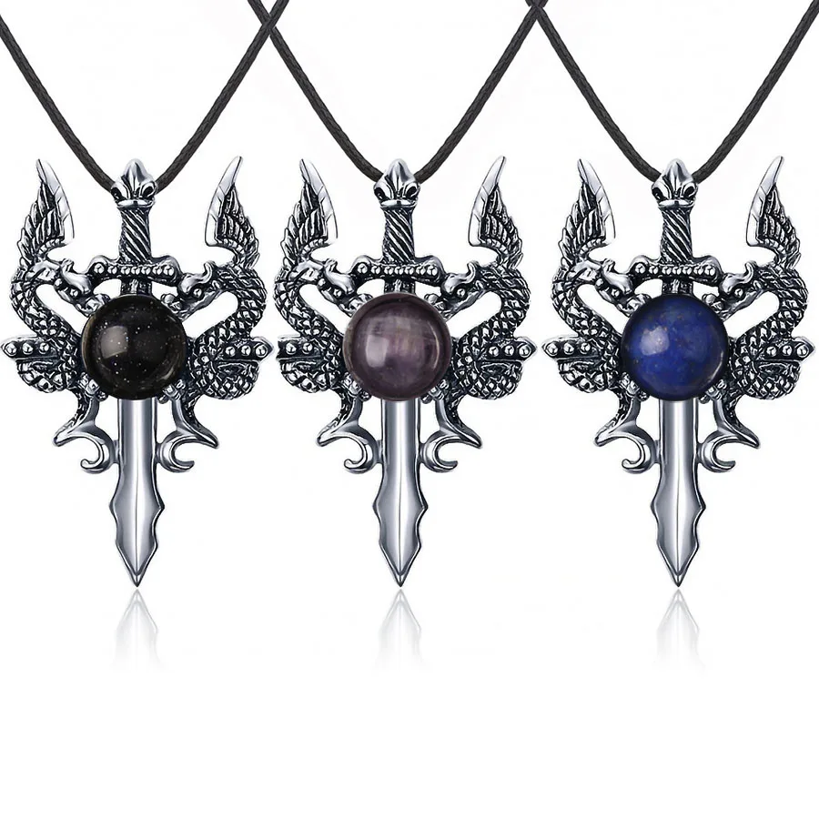 

wholesale natural stone tiger eye lapis lazuli vintage double winged dragon Sword pendant necklace gemstone jewelry Pendant