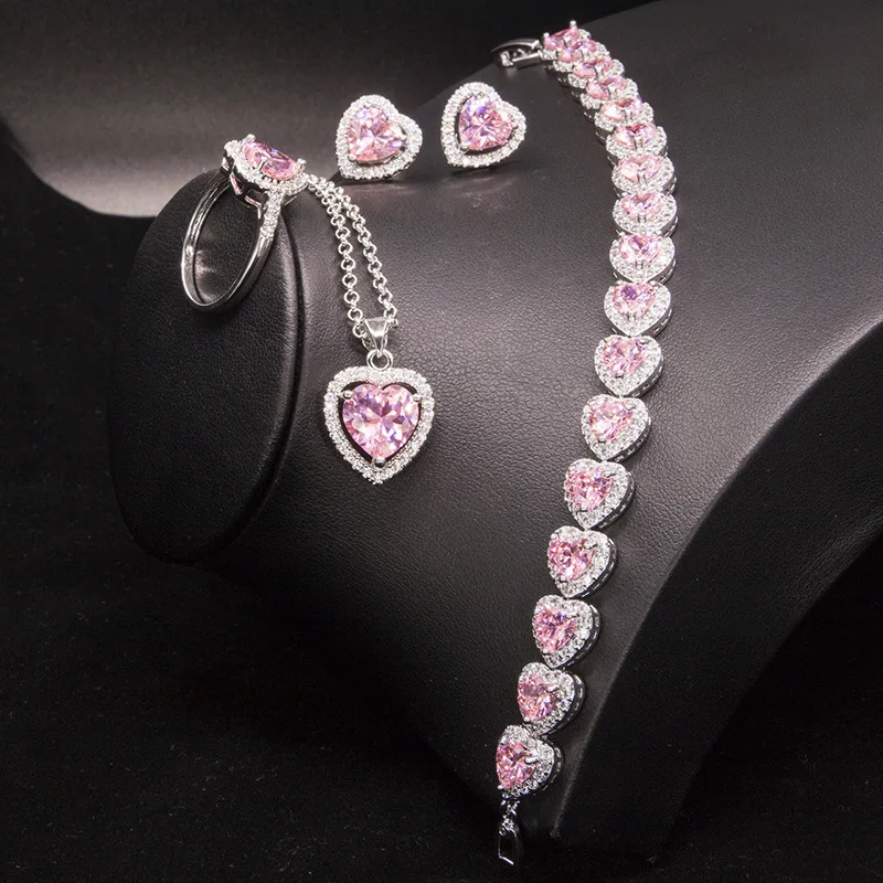 

Valentine's Jewelry Sets Silver AAA Cubic Zircon CZ zircon Pink Heart Necklaces Stud Earrings Ring 4pcs Wedding Jewelry Sets