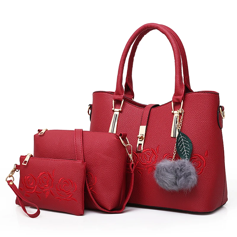 

flower embroidered shoulder bag sets women designer leather handbag ladies 3pcs hand bag, Pink/red/brown /blue/black/gray