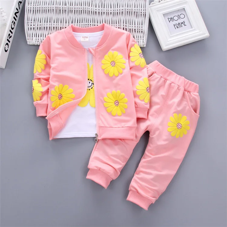 

Baby Girl Clothes Outfit Set 3 pcs Printing Long Sleeve T shirt + Zipper Closure Coat + Pant Kids Clothes Fall Spring, Red, yellow, gray