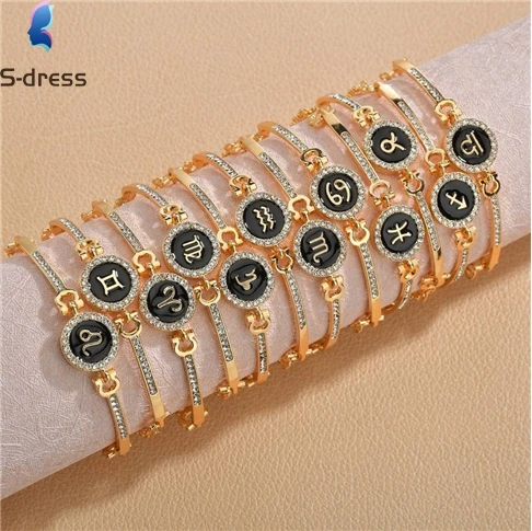 

S46 Latest Design Fashion 12 Zodiac Design Bracelet Gold Color Diamond Pendant Charm Bracelet For Women, 1 colors available
