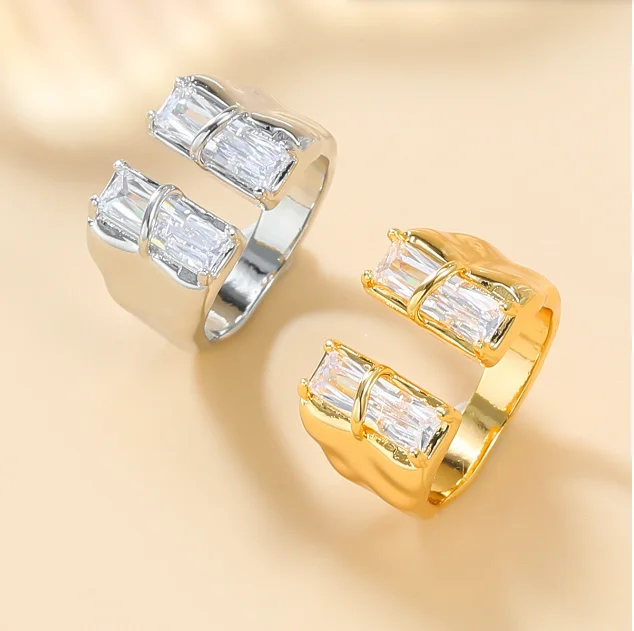 

Luxury Geometric Big Cubic ice Zircon high carbon plated Silver gold Color Ring For Women Hip Hop Wedding Jewelry Gift