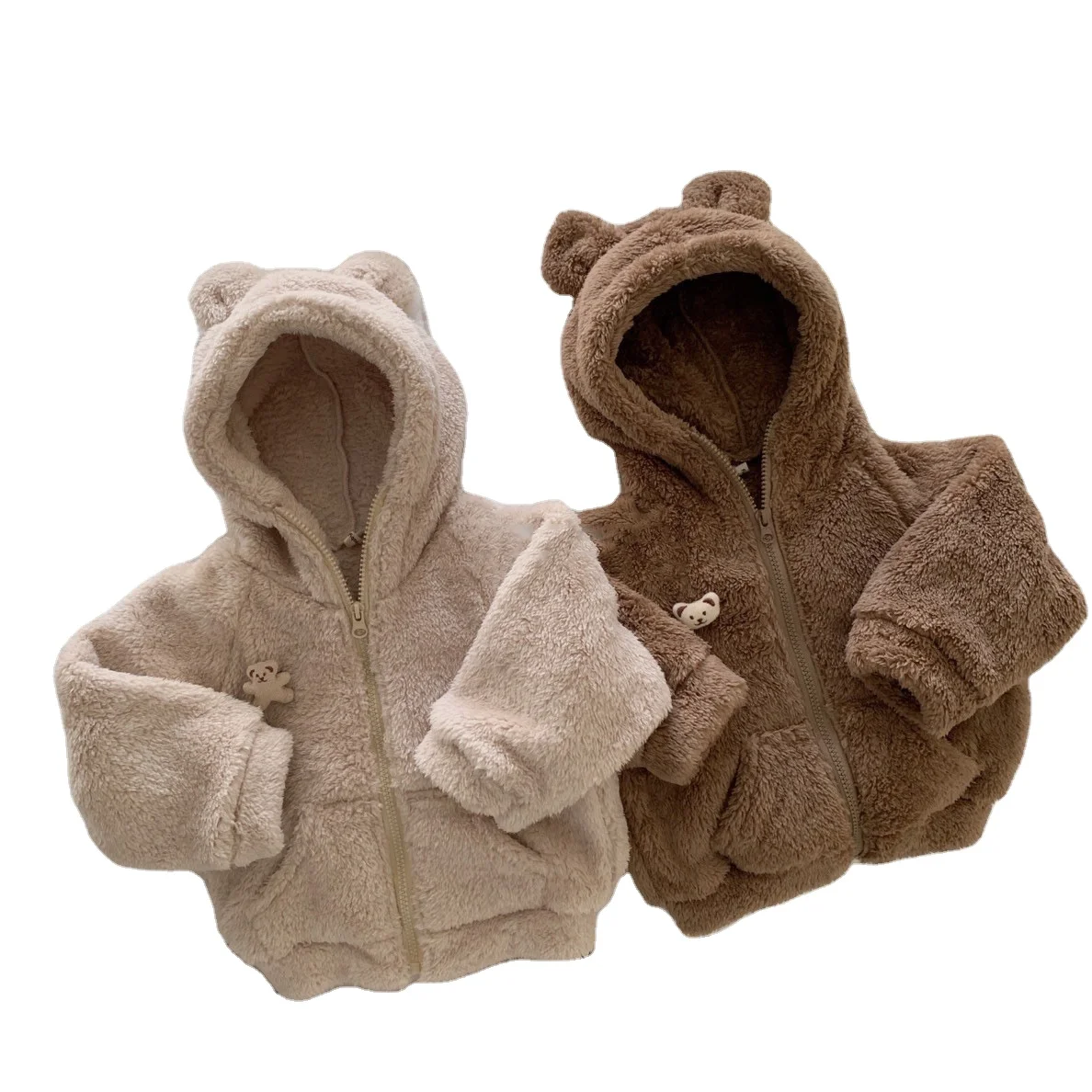 

Teddy bear hoodie coat hat with cute bear ears full zipper fleece Baby jackets&outwears, Beige, brown