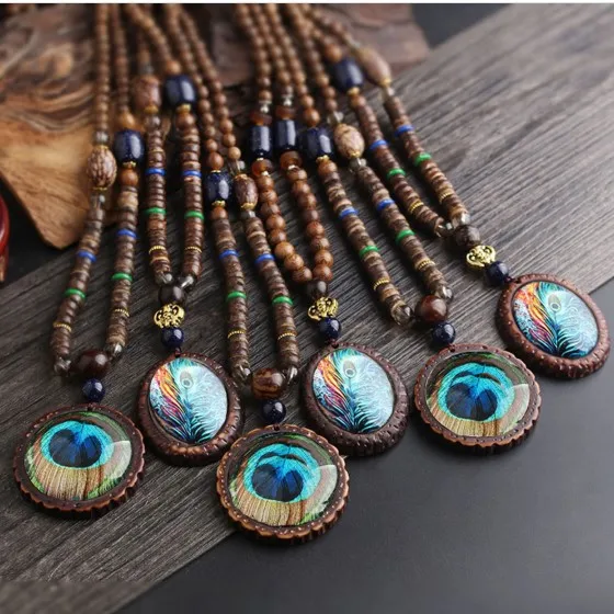 

New design fashion peacock feather ethnic necklace,Nepal jewelry long sweater vintage handmade sandalwood mala necklace, Gold