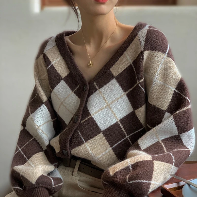 

French Retro Long Sleeve Women Cardigan Sweaters For Autumn Winter Plaid Outwears Female Loose V-Neck Short Knitted Top Winter