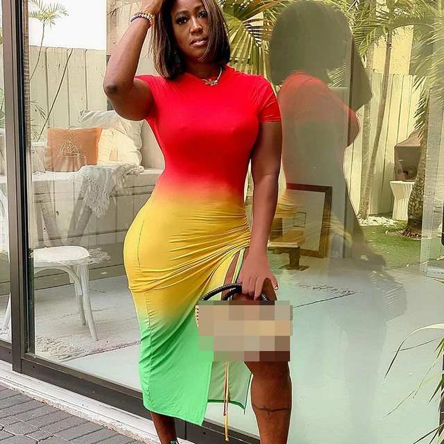 

Modern Fashion Woman Clothing Gradient Color Pleated Slit Dress Women Short Sleeve Elegant Dresses -PT, Red