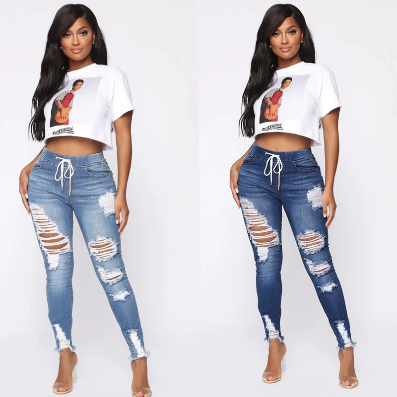 

fashion blue custom logo custom women pants pantalones jeans women high waist stretch ripped woman jeans with high-end quality, Blue as shown