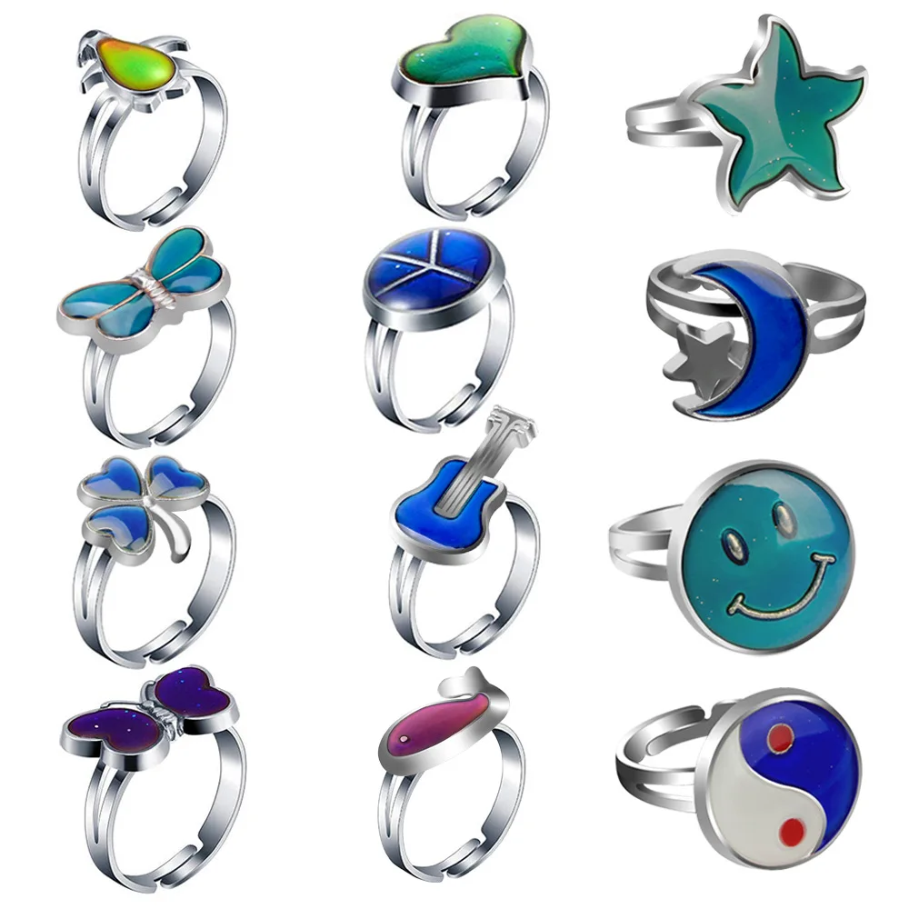 

Various Color Changing Rings Cute Butterfly Heart Star Animal Temperature Rings Jewelry Adjustable Girls Unique Mood Rings, Picture shows