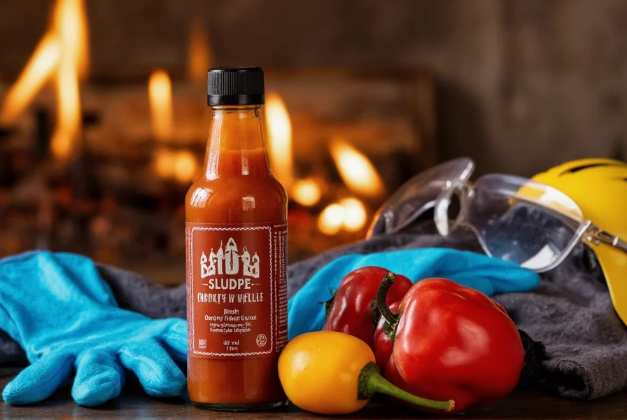 Close-up of ghost pepper sauce bottle with protective gloves and safety equipment