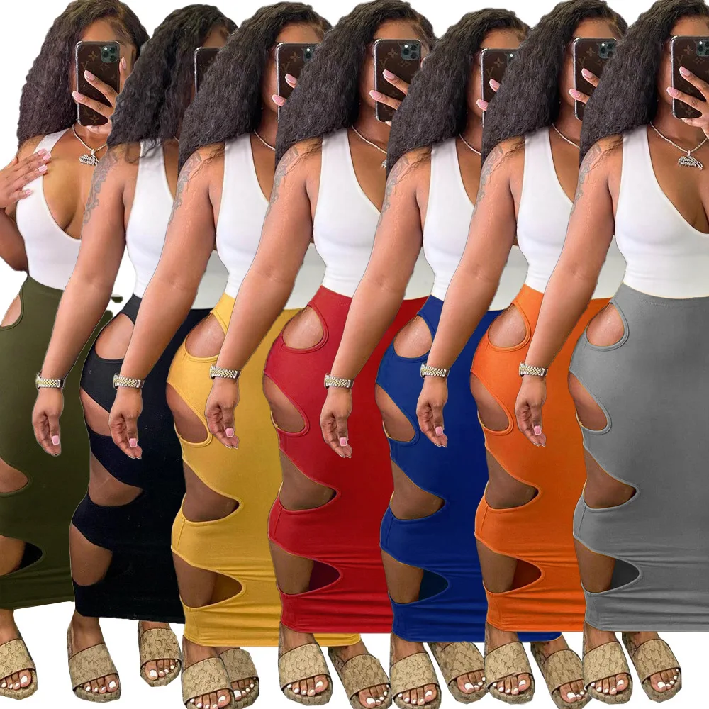 

Summer sexy solid hole hip wrap long skirts for women