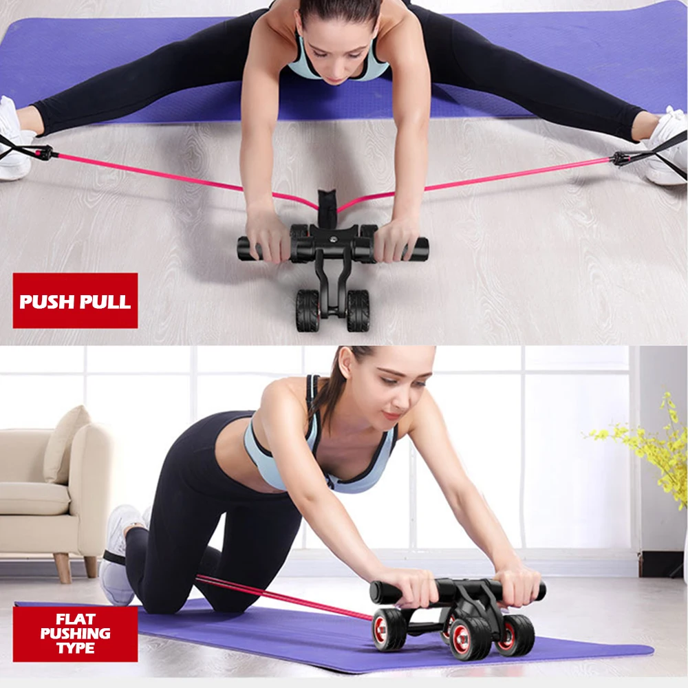 2-in-1 Ab Roller 4 Wheels Set Abdominal Abs Workout Fitness Machine Gym Muscle Training Exercise Wheel with Resistance Rope