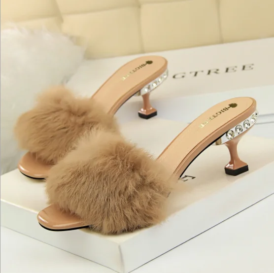 

Wholesale elegant outer wear half slippers, water diamond thin heel high-heeled fur rabbit hair one word belt slippers, Black,white,khai,purple