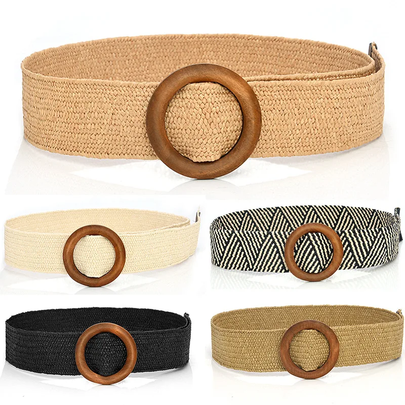 REWIN Boho Women Round Wooden Buckle Stretch Belt Strong PP Straw Knitting Waist Belts