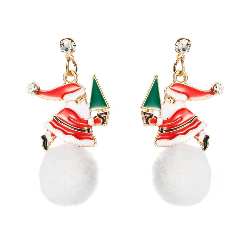 

Charm White Pompom Earrings Snowflake Christmas Santa Claus Colorful Rhinestone Gold Drop Earrings For Women Girl Gifts