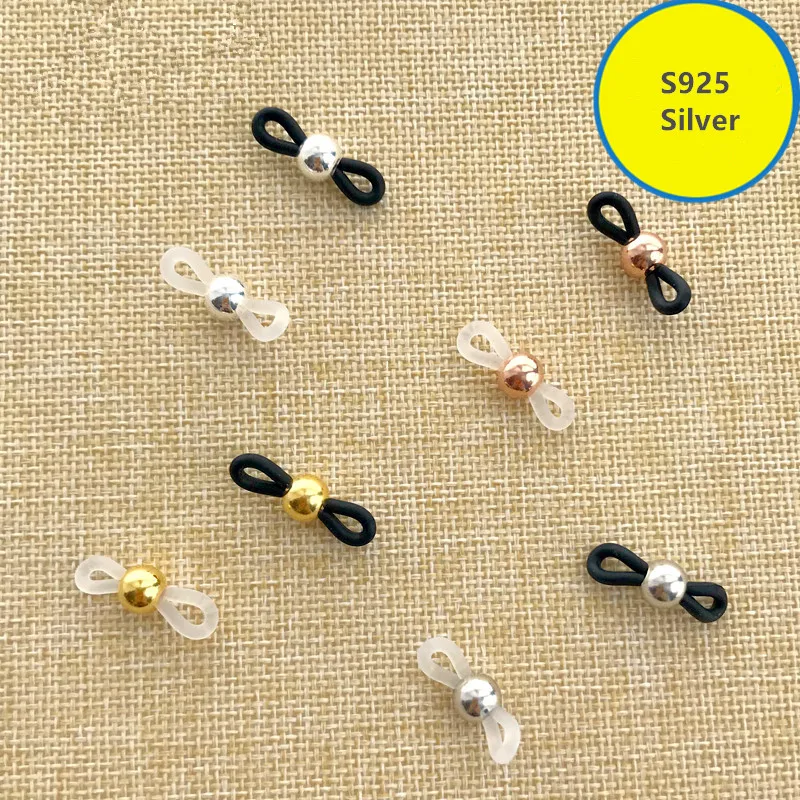 

S925 Silver Bead Black and Translucent White Anti-slip Rubber Ends Retainer Connector Holder for Eyeglass Chain Necklace Chain