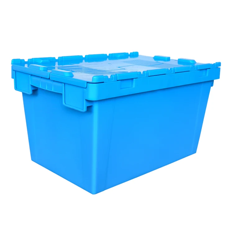 

Uni-Silent Virgin PP Plastic Nestable Stackable Crates Container Storage Attached Lid Tote Turnover Box Crate XC604033C