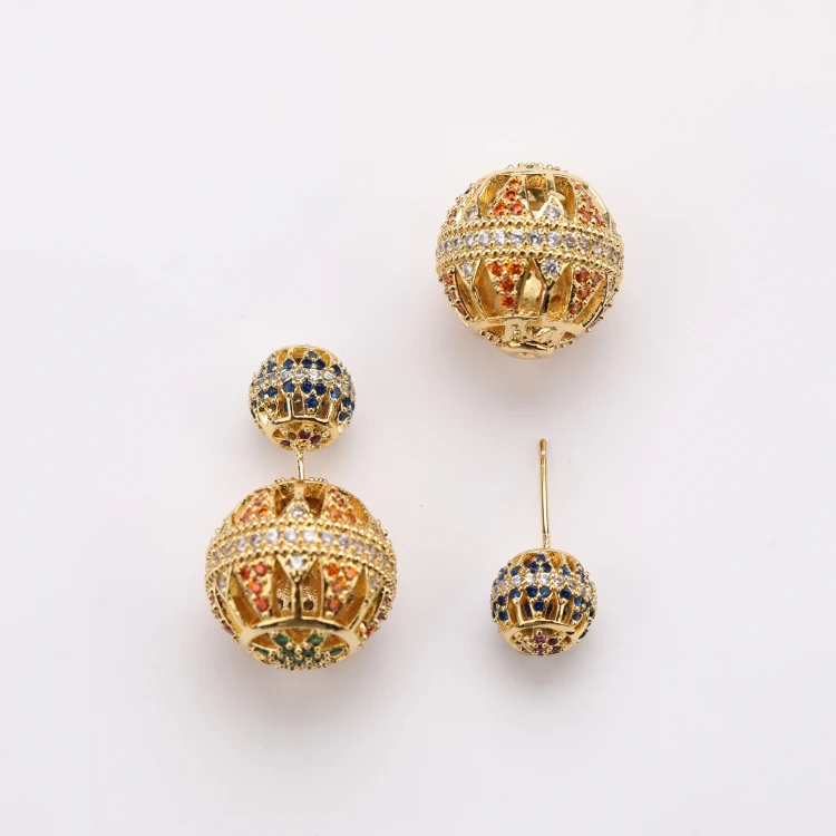 

Middle East Style Exaggerated Gold Earring 2 CZ Micro Pave Ball Earring