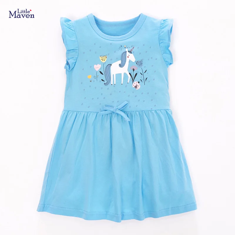 

Summer blue flare sleeve unicorn little girl clothes 2021 sleeveless dress cute dress litlle girl child clothing girl