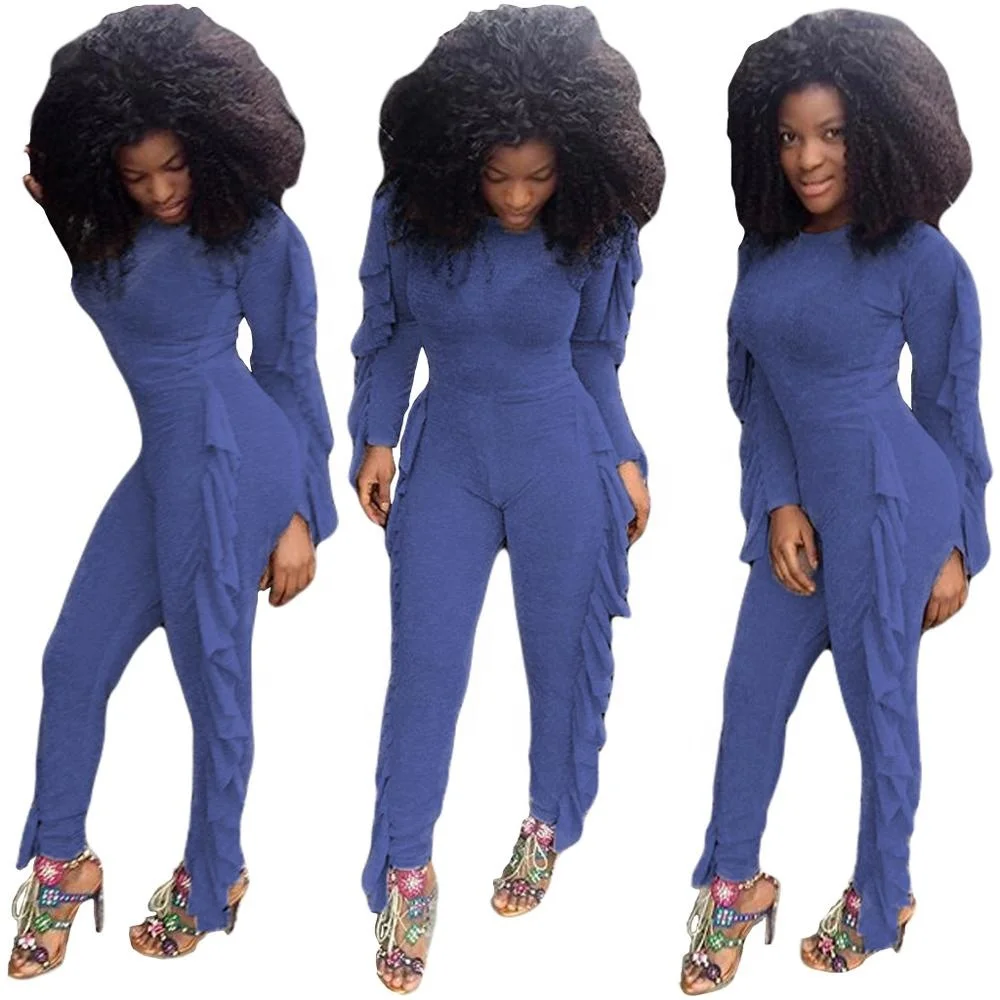 

B61618A Cross-border women's wear European and American fashion pleated edge fleece slim jumpsuit, Navy