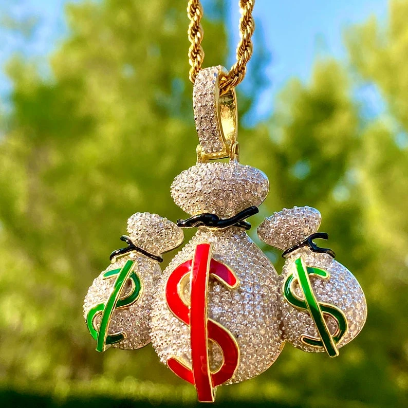 

silver gold two tone plated iced out three $ sign purse money bag pendant necklace micro pave cz bling hip hop men jewelry