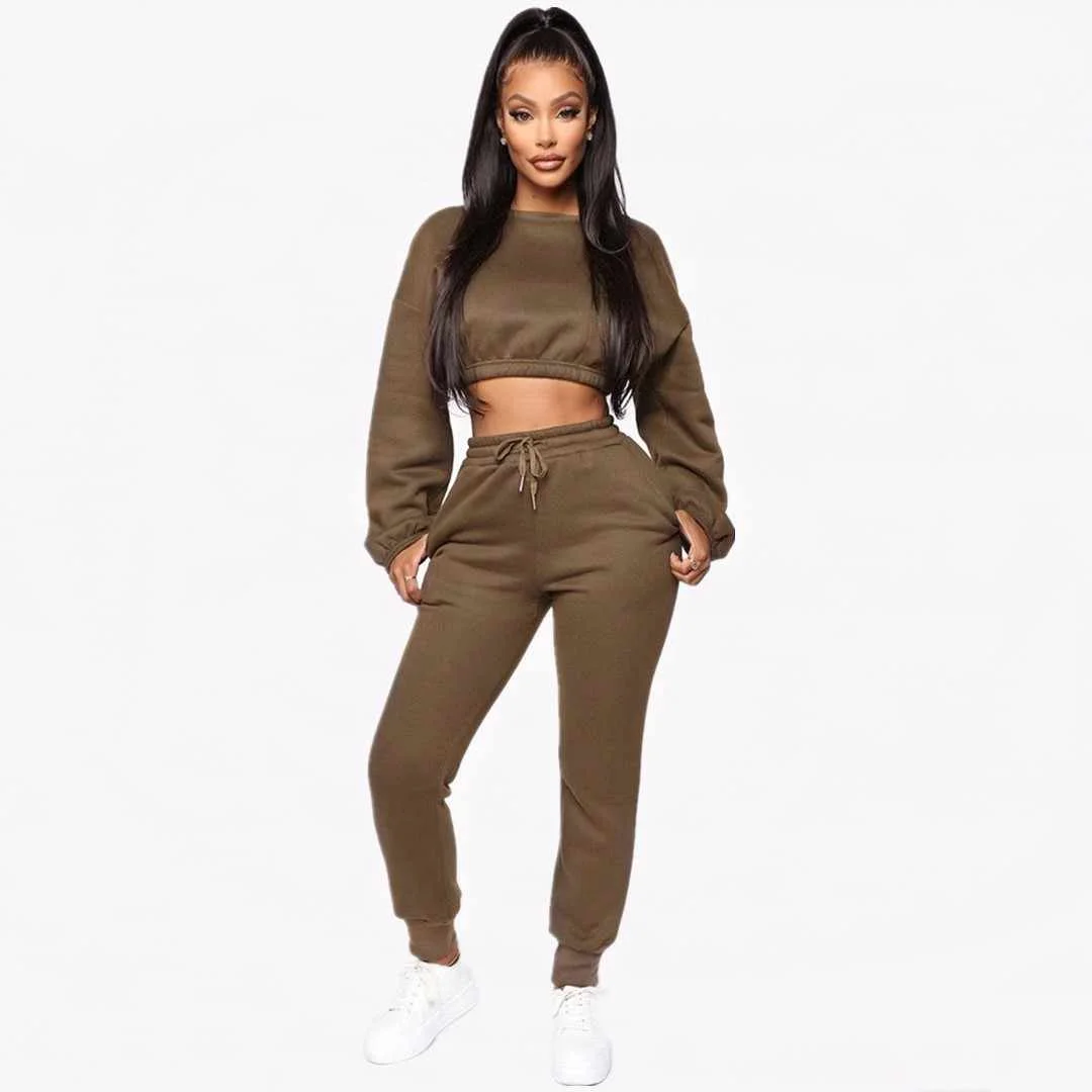 

fall winter casual women's solid color long sleeve gym tracksuits outfits two piece legging set for woman