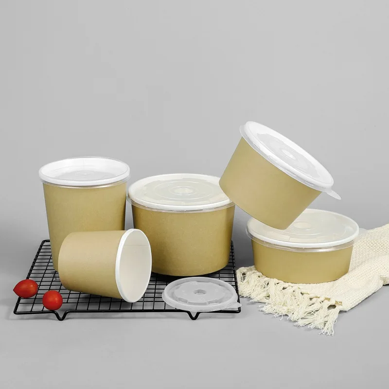 

HY cheap disposable brown paper salad bowl Brown paper soup bowl Food dual color packaging box with lid