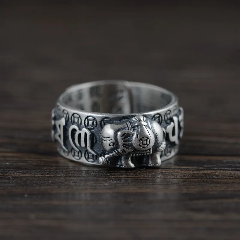 

Authentic 925 Sterling Silver Rings Six Word Mantra Elephants Engraved Opening Type Adjustable Beautiful Punk Animal Jewelry