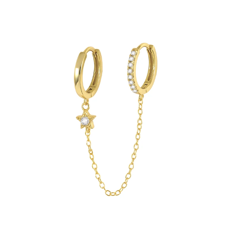 

QLEESI s925 double earring chain conjoined five-pointed star zircon pendant sterling silver earring