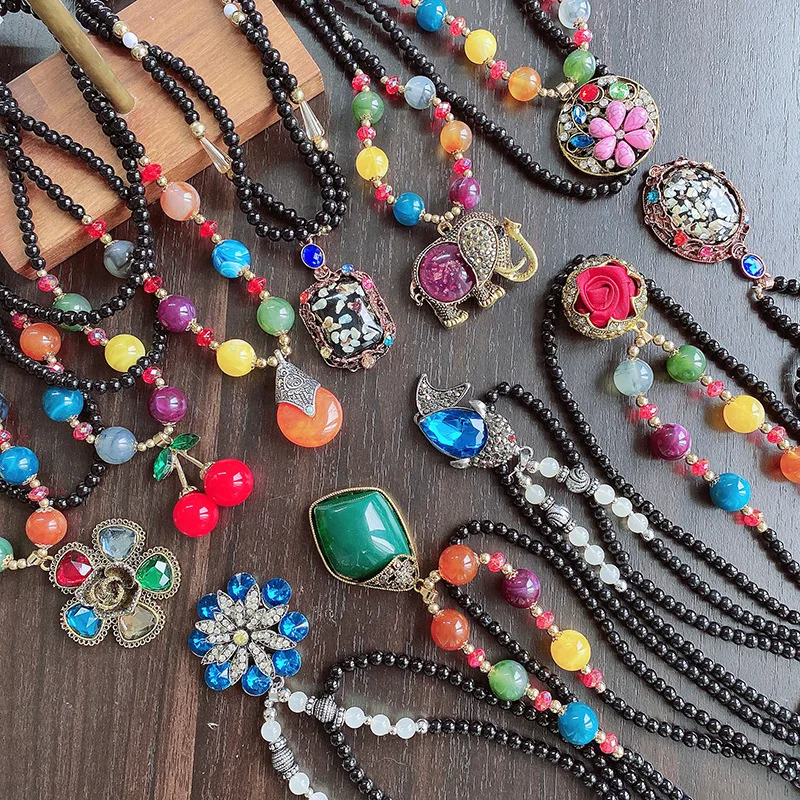 

PUSHI hot selling kolye Animal flowers mardi gras african necklace mix colorful designs beads bohemian long necklaces for ladies