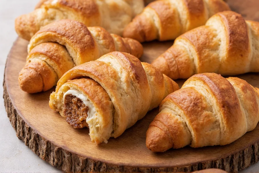 Variety of cinnamon sugar crescent roll variations including stuffed cream cheese version and maple glazed option on rustic wooden board